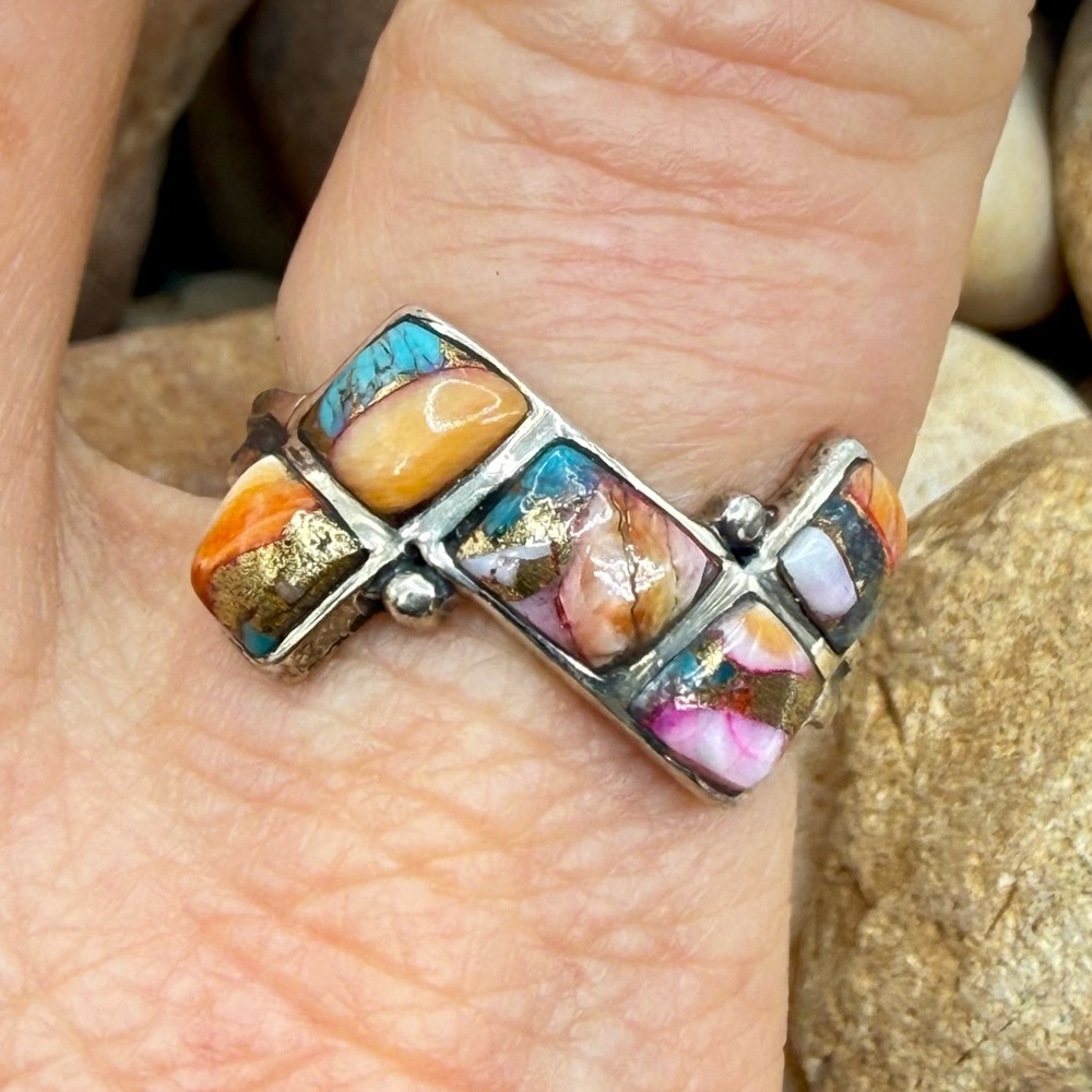 Santa Fe Multi Gemstone 925 Sterling Silver Ring Sz 8 5.5ctw Southwestern Style - Picture 7 of 17